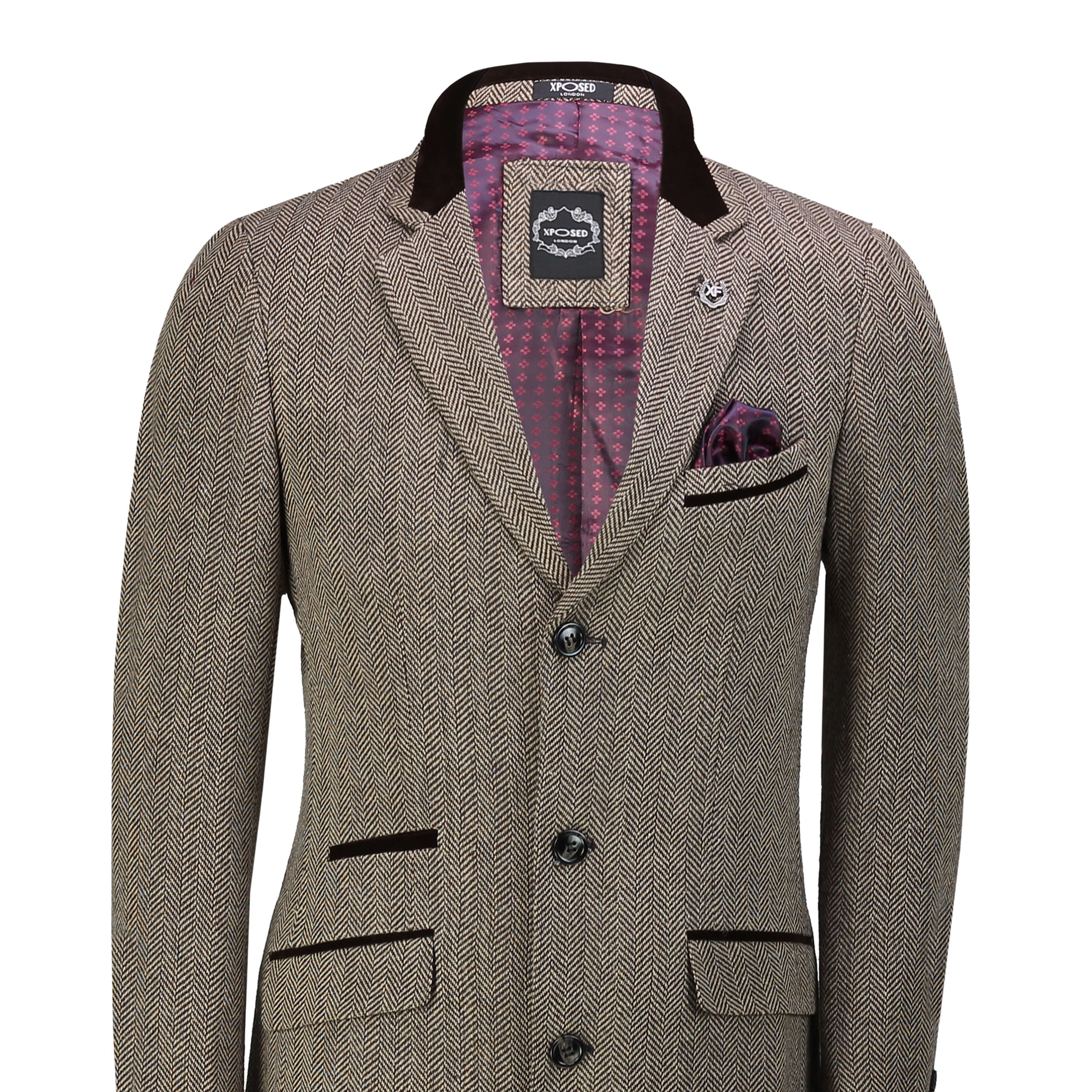 Mens Overcoat 3/4 Long Jacket Vintage Herringbone Velvet Collar Smart Retro  Coat